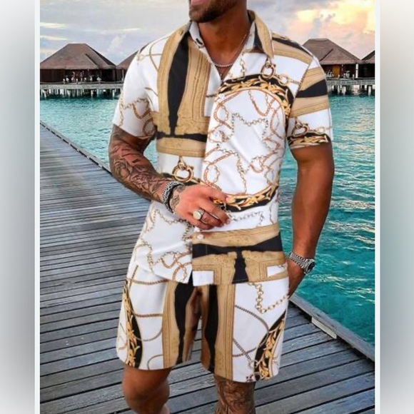 Shein Manfinity Chain Print Shirt & Short Set Men's XXL Equestrian Luxury Style - Picture 3 of 14